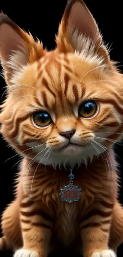 Adorable orange kitten with blue eyes and striped fur, sitting cutely.