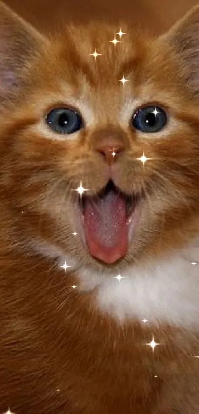 Adorable orange kitten with open mouth and bright eyes on mobile wallpaper.