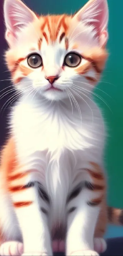 Adorable orange tabby kitten with bright eyes and soft fur on a gradient background.