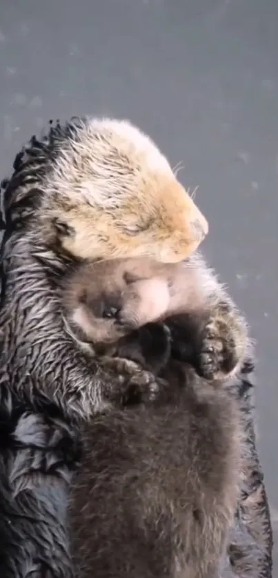 Mother otter cuddling a baby on water surface.