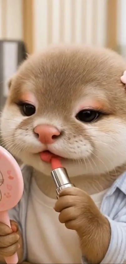 Adorable otter applying lipstick with a mirror.