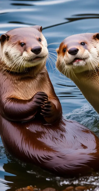 Two cute otters playing in water, perfect for mobile wallpaper.