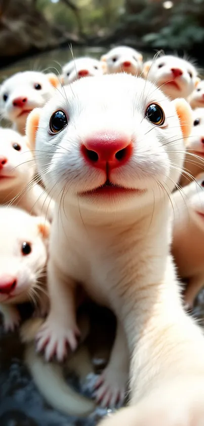 Close-up of adorable otters posing for a group selfie in nature.