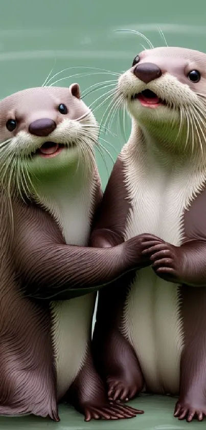 Two adorable otters stand together in a tranquil water setting.