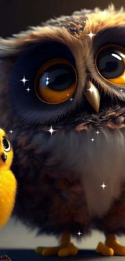 Charming digital artwork of two fluffy, cute owls with a warm background.