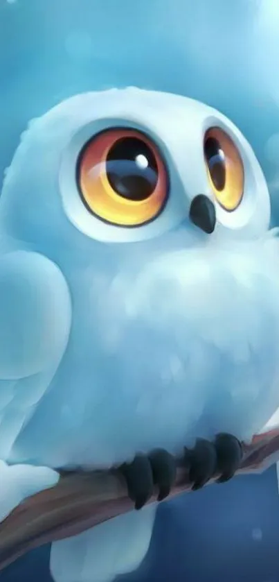 Adorable cartoon owl perched on a branch with a blue background.