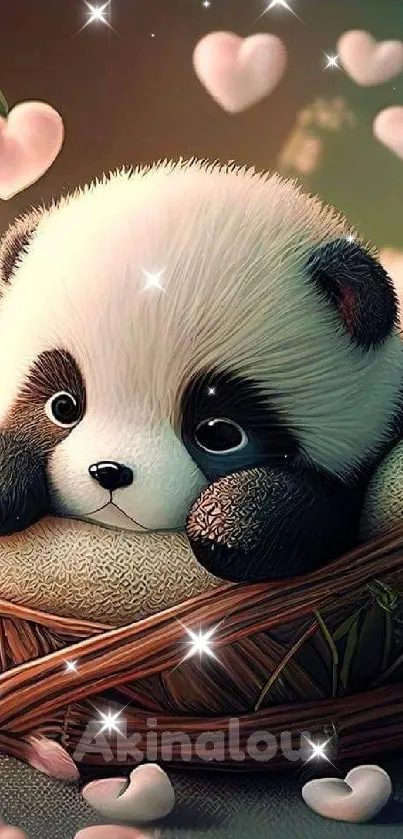 Adorable panda in a basket with hearts wallpaper.