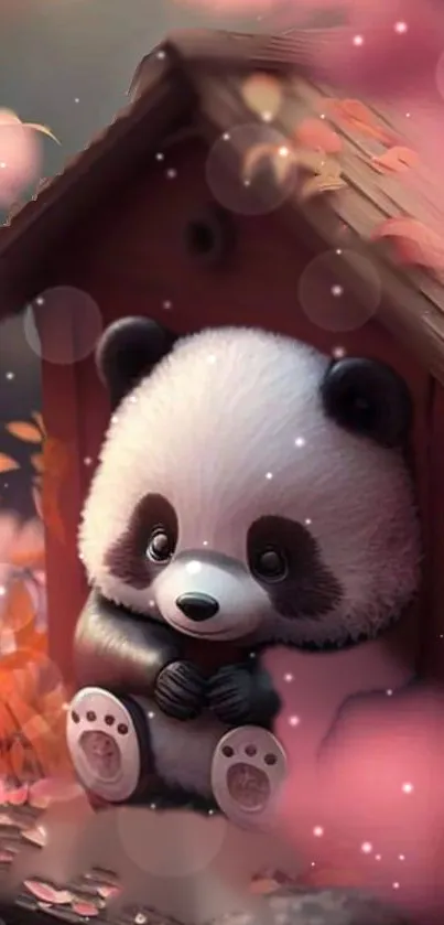 Adorable panda in cottage with pink leaves and bubbles.