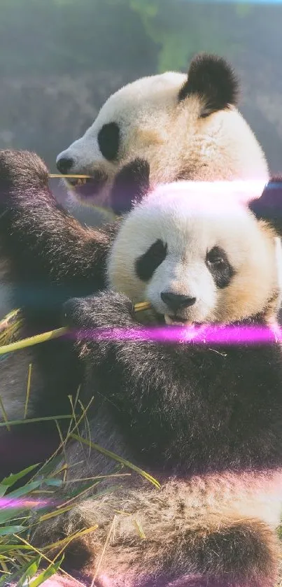 Pandas eating bamboo in serene natural setting.