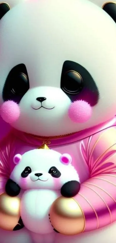 Adorable panda duo with toy on vibrant pink background wallpaper.