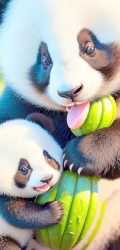 Adorable pandas hugging green bamboo.