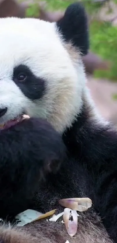 Adorable panda munching on bamboo with green leafy background.