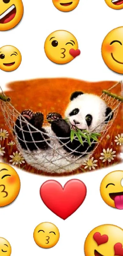 Cute panda in hammock with emojis surrounding it on a white background.