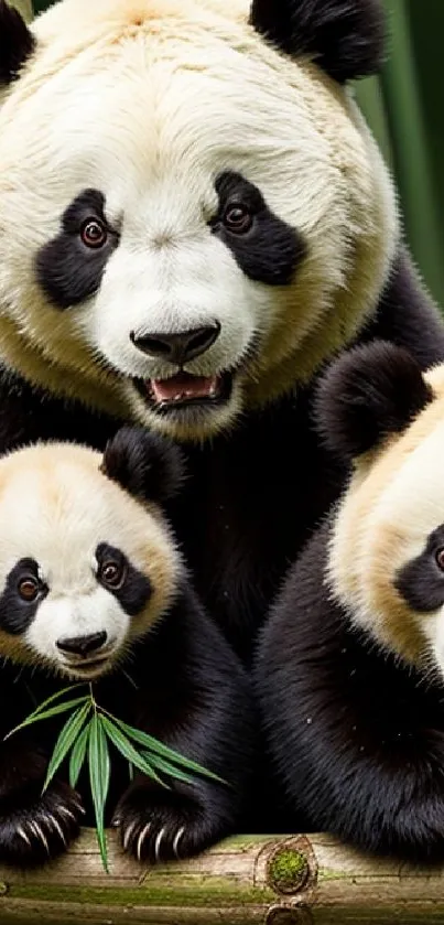 Cute panda family with bamboo on a vivid green background.