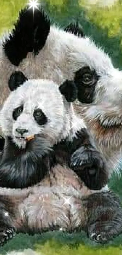 Panda mother and cub in nature-themed wallpaper.