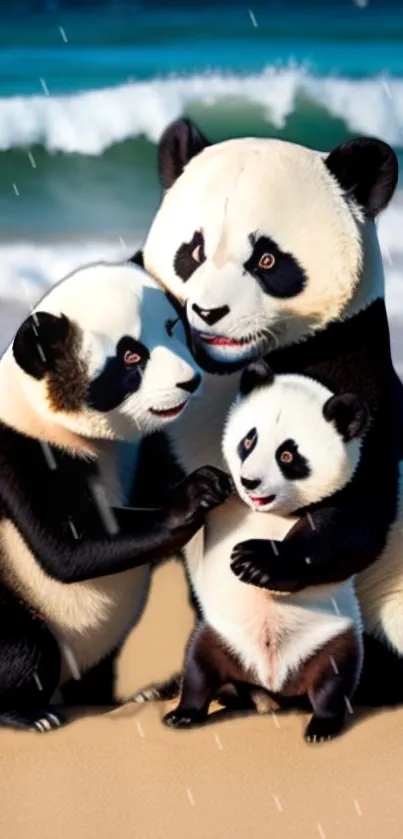 Panda family on the beach with ocean waves.