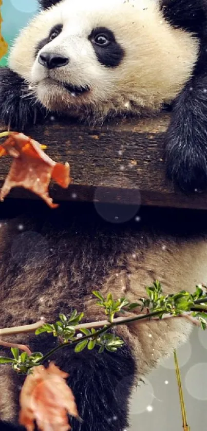Adorable panda hanging on a tree branch with a playful pose.