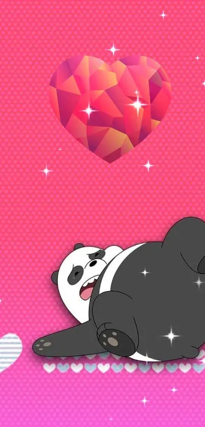 Cute panda with hearts on pink wallpaper.