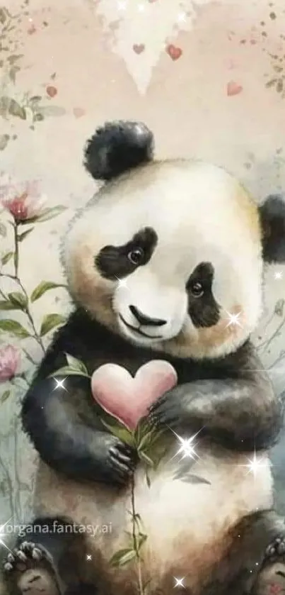 Cute panda with heart, floral background in watercolor style.