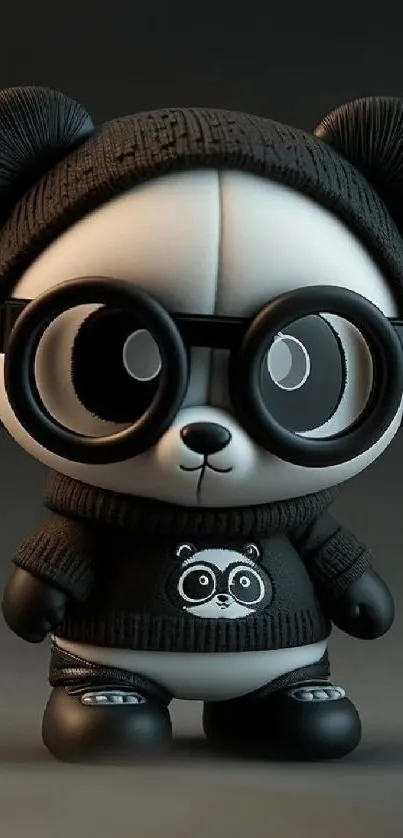 3D panda wearing glasses and a cozy outfit against a dark background.