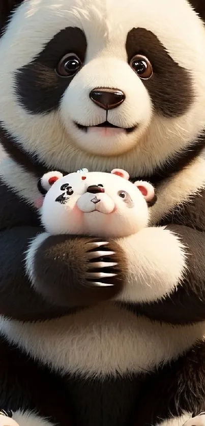 Adorable panda holding a plush toy.
