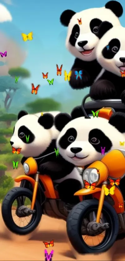 Pandas riding motorcycles with colorful butterflies in a whimsical scene.