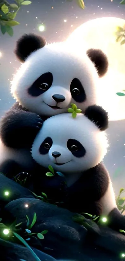 Adorable pandas playing under moonlight in a magical forest scene.