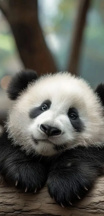 An adorable panda resting on a tree branch, looking playful.