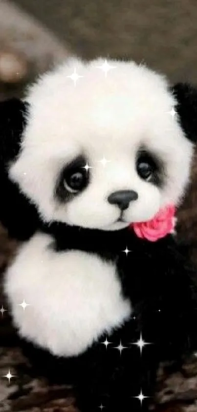 Adorable plush panda with a pink flower accessory.