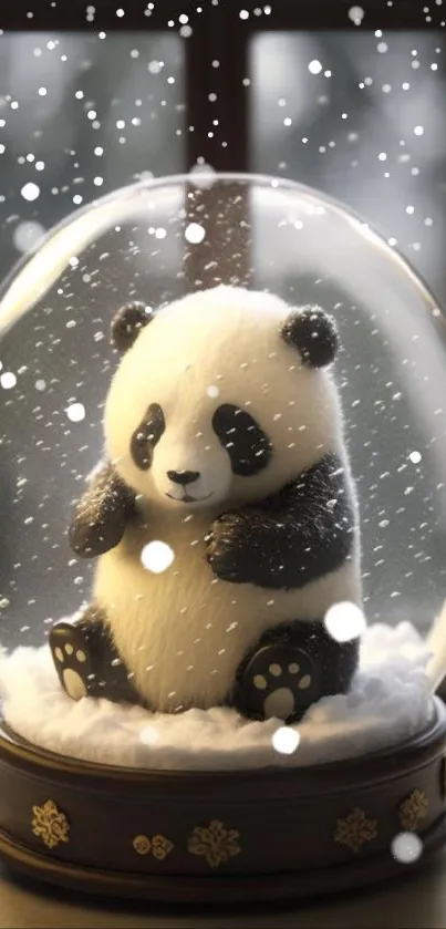 Panda in a snow globe with falling snowflakes.