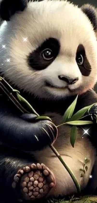 Cute panda holding bamboo on a dark background, perfect for mobile wallpaper.