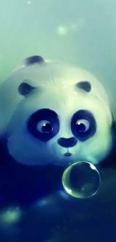 Cute panda with bubble in blue-green hues.