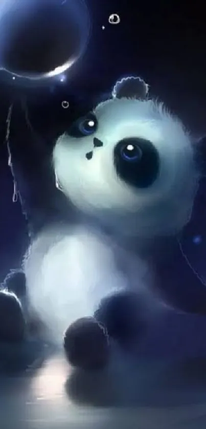 Adorable panda reaching for a blue bubble.