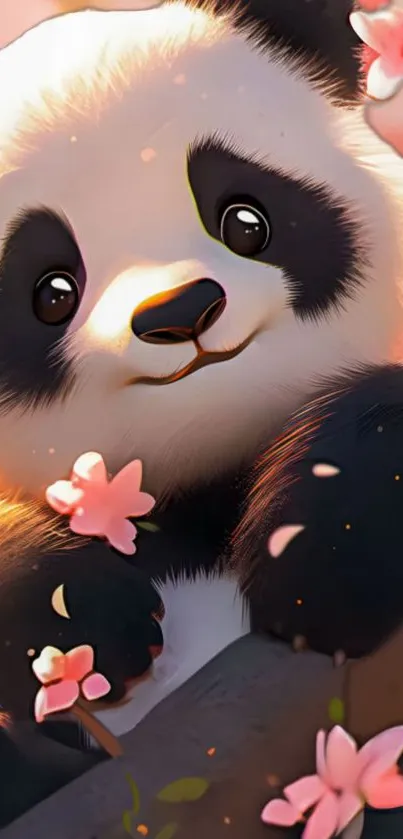 Cute panda in a cherry blossom tree, smiling.