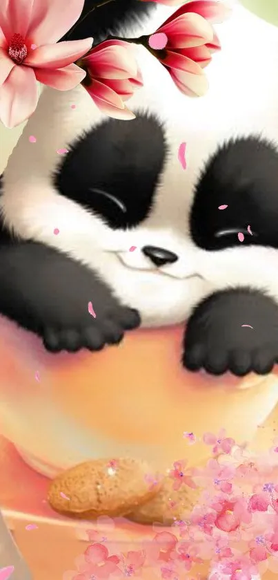 Adorable panda in cup with lush pink florals.