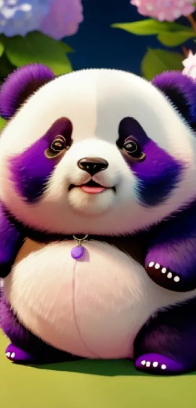 Adorable panda with purple flowers in vibrant background.