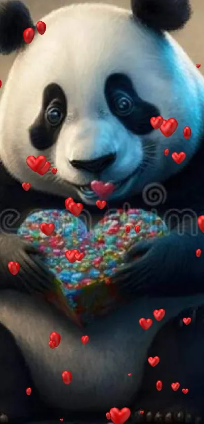 Charming panda with candy heart in cave.