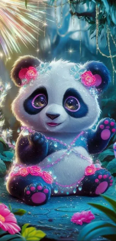 Adorable panda with gems and flowers, in a magical forest scene.