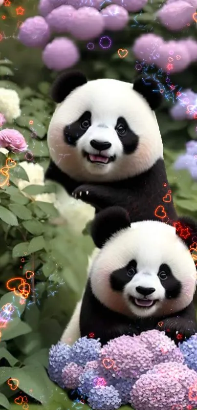 Two cute pandas in a garden with lilac flowers.