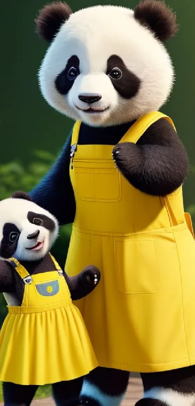 Adorable panda duo in yellow outfits on green forest background.