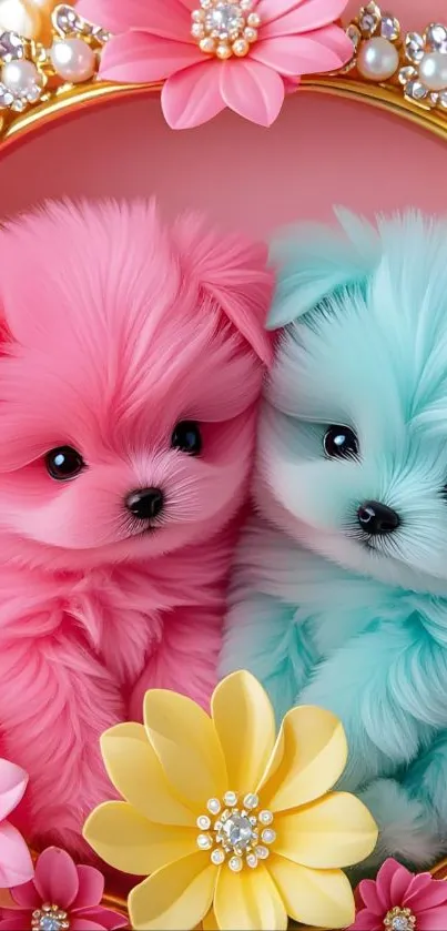 Two pastel puppies surrounded by colorful flowers in a cute design.