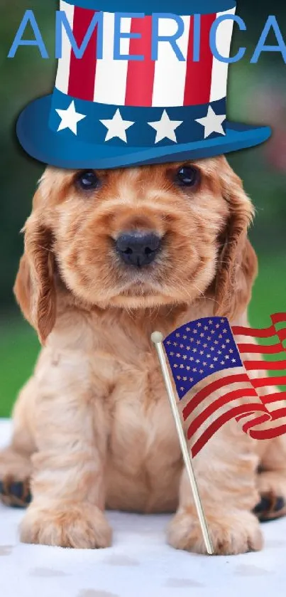 Cute puppy with patriotic hat and flag.