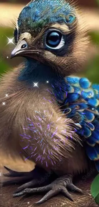 Cute peacock chick with blue feathers on a leafy backdrop.