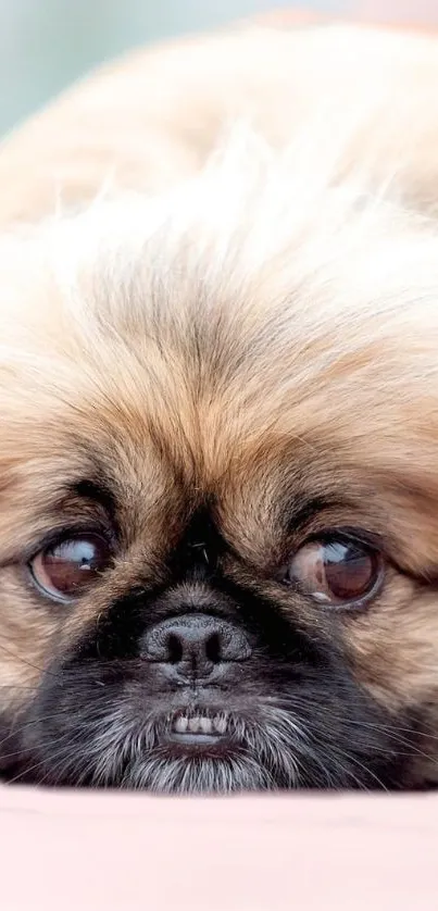 Adorable Pekingese dog lying down peacefully on a smooth surface.