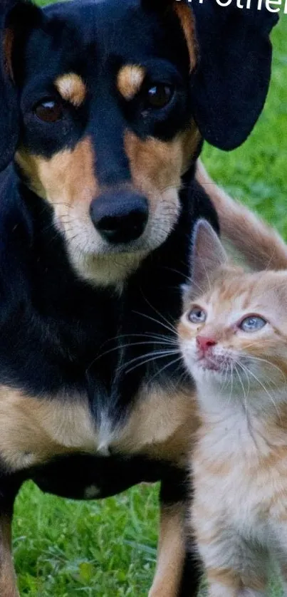 Cute dog and kitten in a garden.