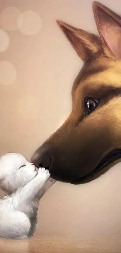 Cute kitten touches nose of a friendly dog.