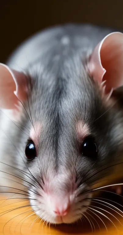 Close-up of a cute gray rat with pink ears and shiny black eyes.