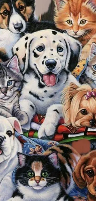 Cartoon style wallpaper of various pets, including dogs and cats.