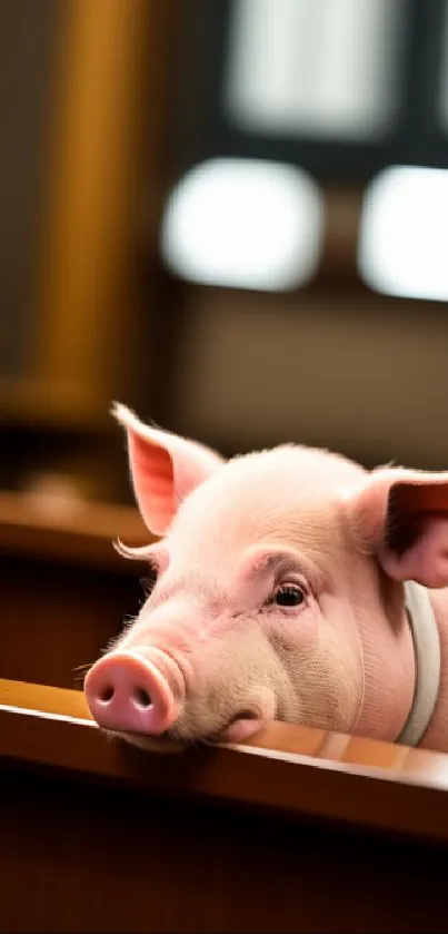 Adorable pig peeking over courtroom ledge.