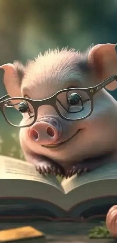 Adorable pig wearing glasses reading a book in a serene outdoor setting.